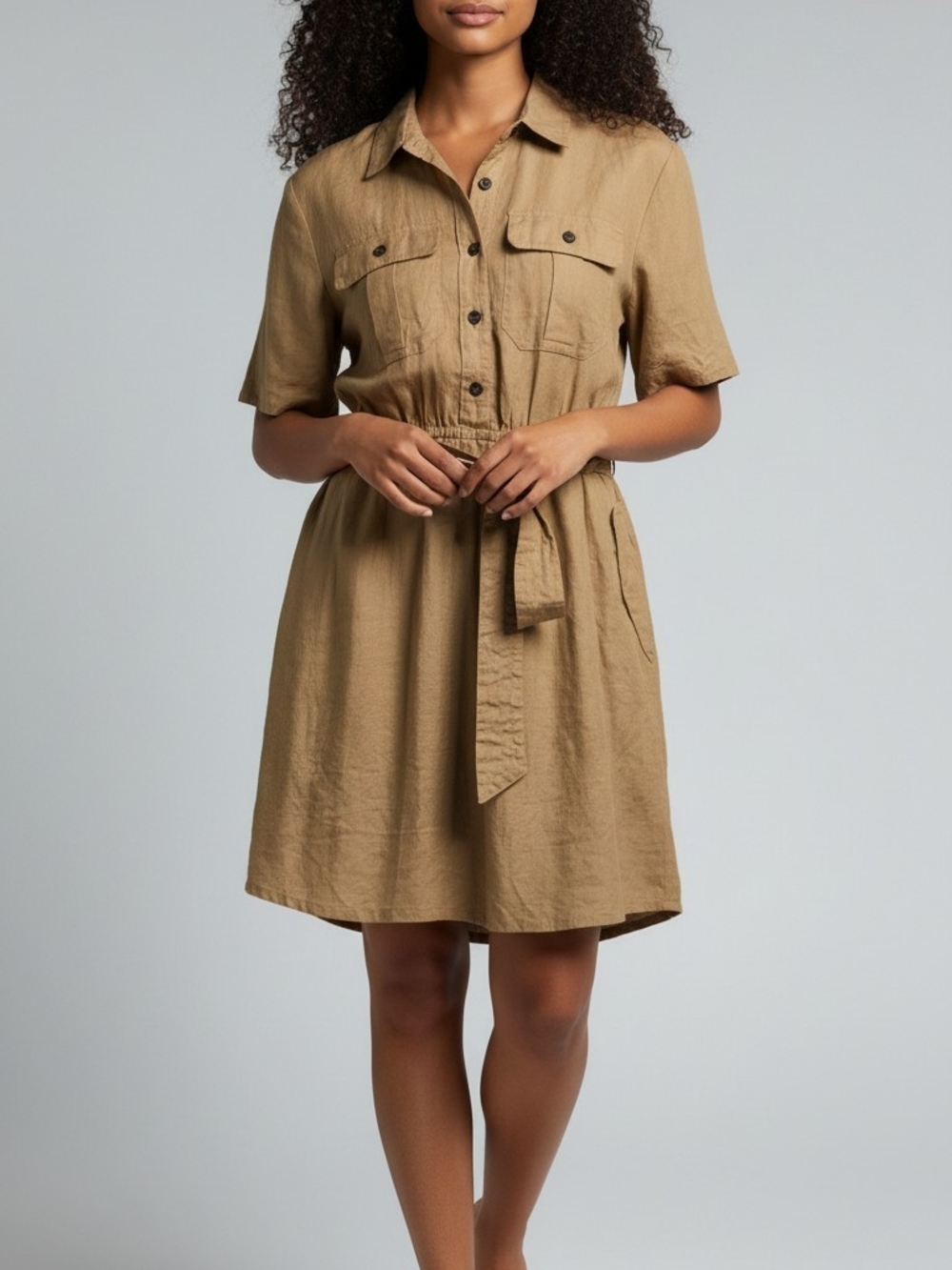 Banana Republic Tan Short-Sleeve Tie-Waist Shirt Dress